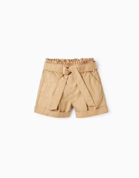 Cotton Shorts with Ribbon for Girls, Beige