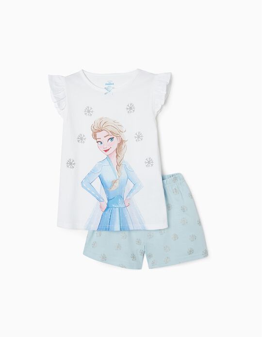 Pijama de Algodão T-shirt + Calções para Menina 'Elsa', Branco/Azul