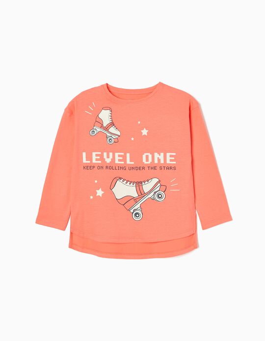 T-Shirt à Manches Longues en Coton Fille 'Level 1', Corail