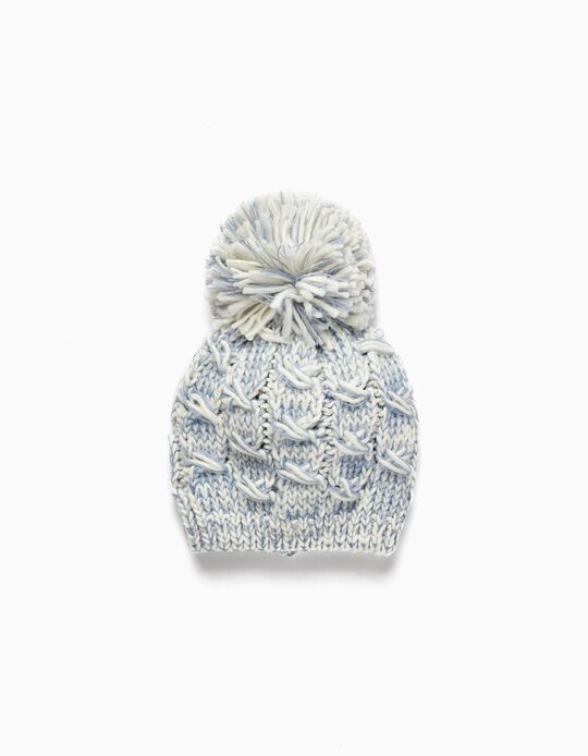 Knitted Beanie with Pom Pom for Girls, Blue
