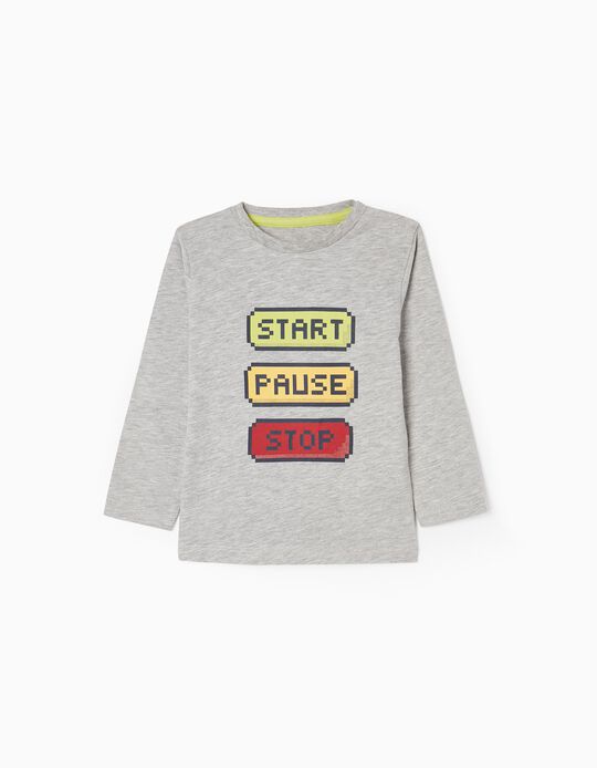 T-shirt de Manga Comprida para Bebé Menino 'Stop', Cinza