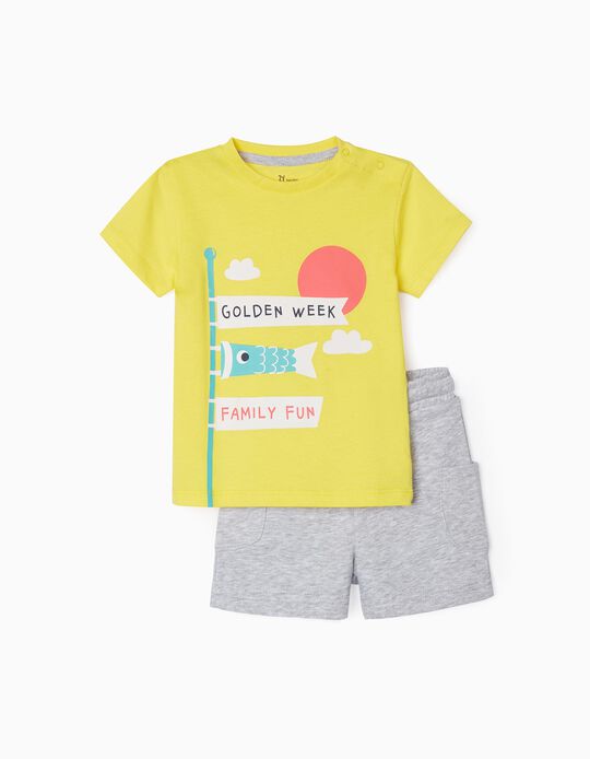T-Shirt + Short Bébé Garçon 'Family Fun', Jaune/Gris