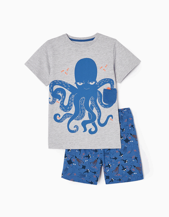 Pijama de Algodão para Menino 'Polvo', Cinza/Azul