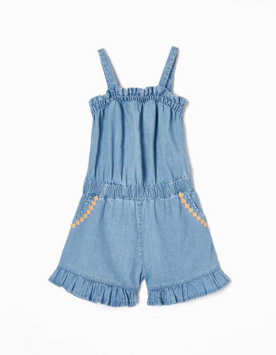 Cotton Denim Jumpsuit with Embroidery for Girls, Blue