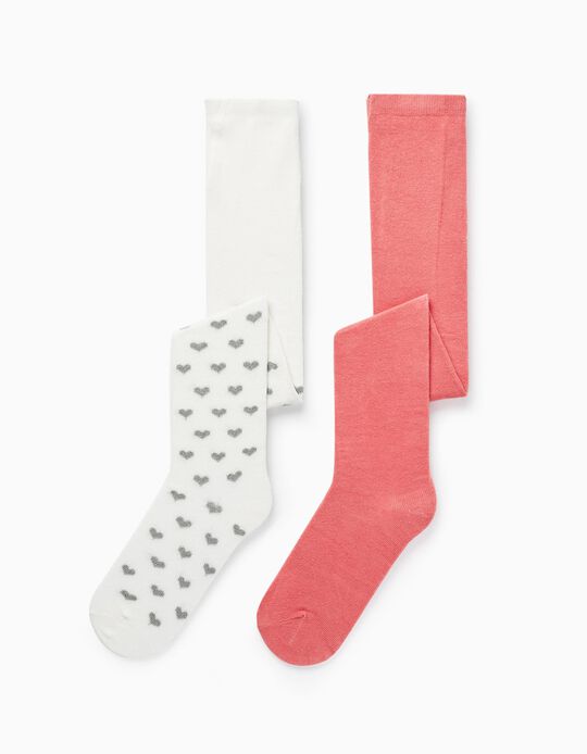 Pack of 2 Knit Tights for Baby Girls 'Hearts', White/Dark Pink