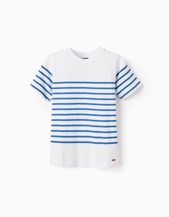 T-shirt às Riscas em Algodão para Menino, Branco/Azul