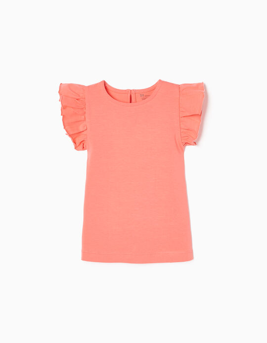 Cotton Sleeveless T-shirt with Frills for Baby Girls, Coral