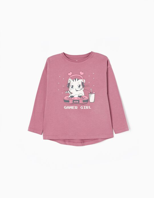 Long Sleeve Cotton T-shirt for Girls 'DJ Kitty', Pink