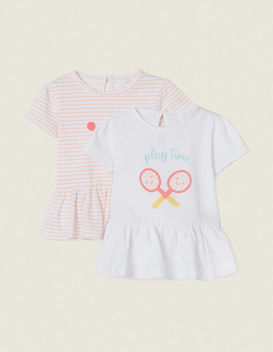 2 T-Shirts for Baby Girls 'Smile', White/Coral