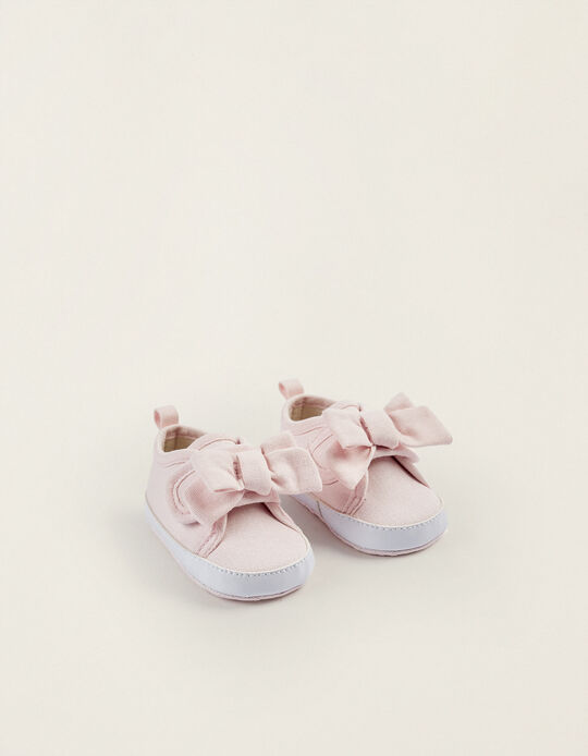 Zapatos de Tela y Piel con Lazo para Recién Nacida, Rosa Claro