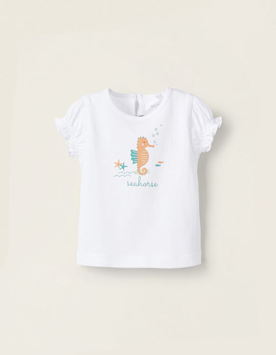 Short Sleeve Cotton T-Shirt for Newborn Girls 'Seahorse', White