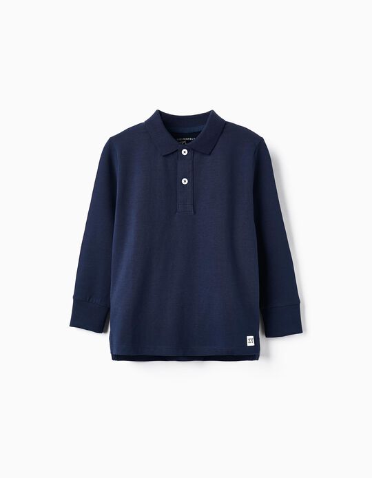 Cotton Long-Sleeved Polo Shirt for Boys, Dark Blue