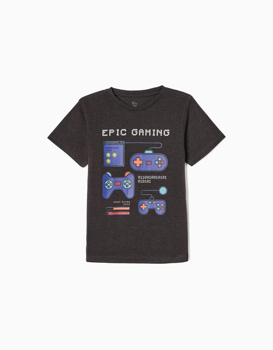 T-shirt em Algodão para Menino 'Gaming', Cinza Escuro