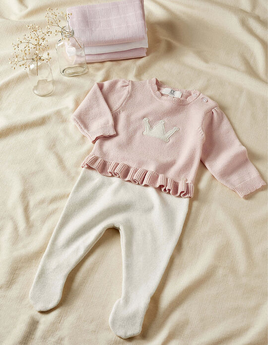 Knitted Onesie for Newborn Baby Girls 'Crown', White/Pink