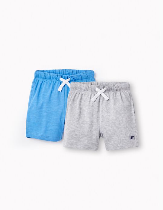 2 Cotton Sport Shorts for Baby Boys, Grey/Blue