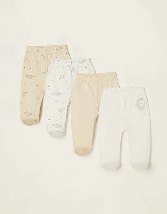 4 Cotton Footed Trousers for Babies 'Hedgehog', White/Beige