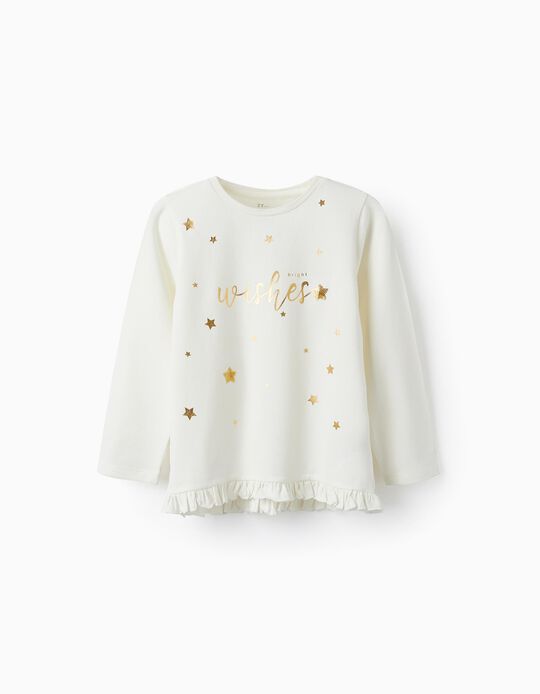 Cotton Jersey T-Shirt with Sequins for Girls 'Wishes', White