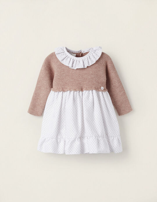 Dress Combined with Knit for Newborn, White/Pink