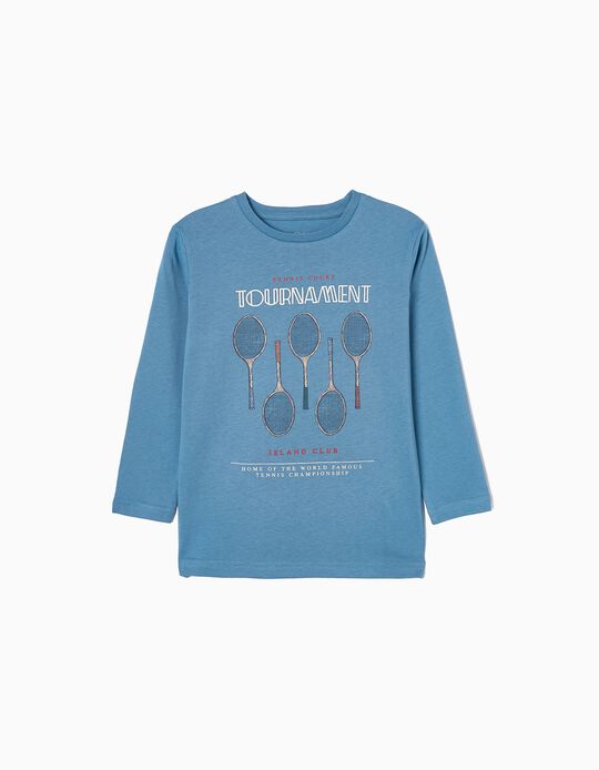 T-shirt de Manga Comprida em Algodão para Menino 'Tennis', Azul
