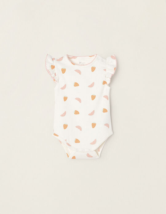 Cotton Ribbed Bodysuit for Newborn Baby Girls 'Strawberries', White/Pink