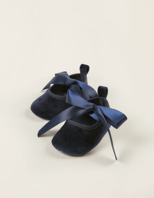 Velvet Ballet Pumps with Satin Ribbons for Newborn Baby Girls, Dark Blue