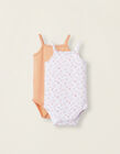Pack of 2 Sleeveless Cotton Bodysuits for Baby Girls, Coral/White