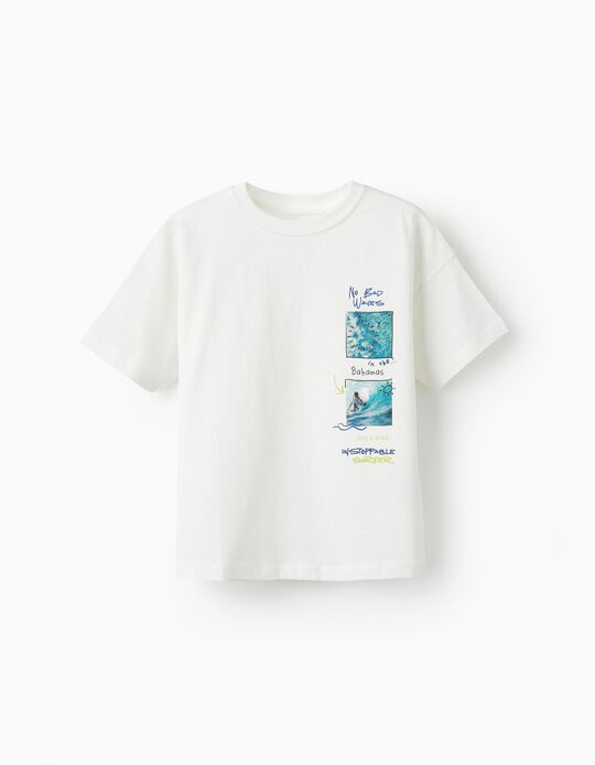 T-Shirt de Algodão para Menino 'No Bad Waves', Branco