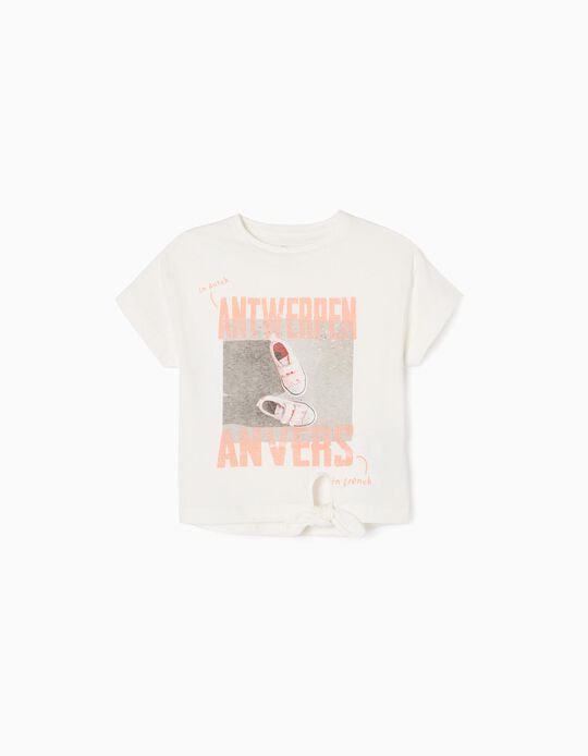 T-shirt de Algodão com Nó para Menina 'Antwerpen', Branco 