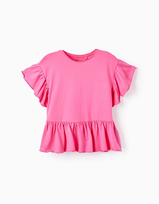 Cotton T-shirt with Ruffles for Girls, Pink