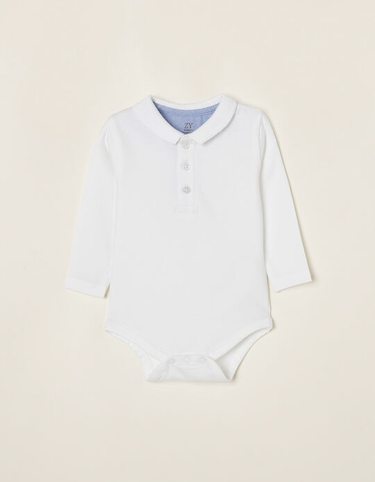 Cotton Polo-Bodysuit for Newborn Baby Boys, White