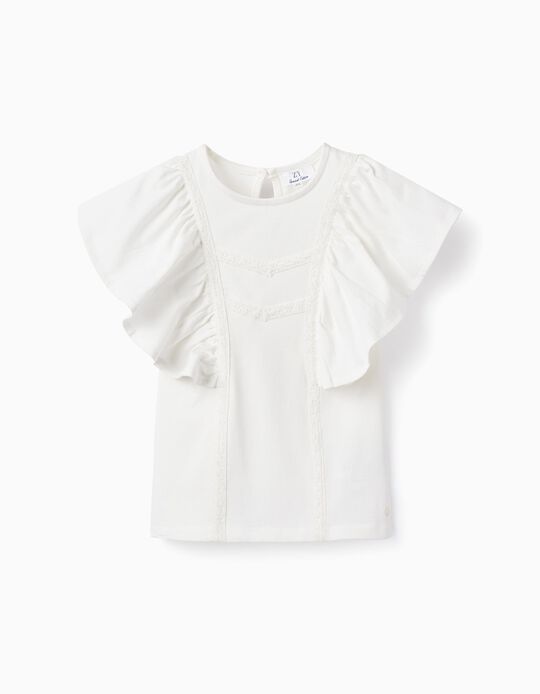 T-shirt com Folhos e Renda para Menina 'B&S', Branco