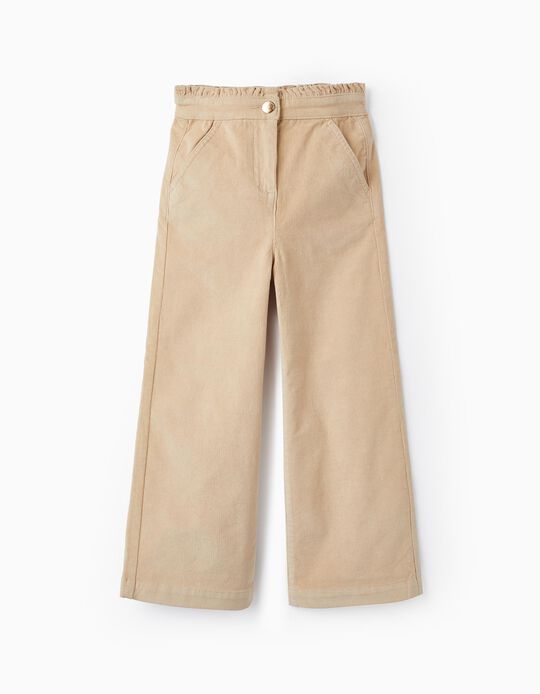 Beige Wide Leg Corduroy Trousers for Girls