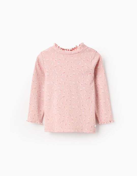 Comprar Online T-shirt Canelada Floral de Manga Comprida para Bebé Menina, Rosa