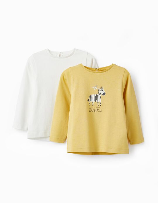 Pack 2 T-shirts em Algodão para Bebé Menina 'Zebra', Branco/Amarelo