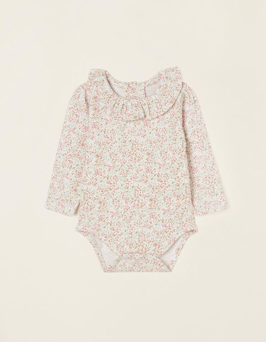 Floral Cotton Bodysuit for Newborn Baby Girls, White/Pink
