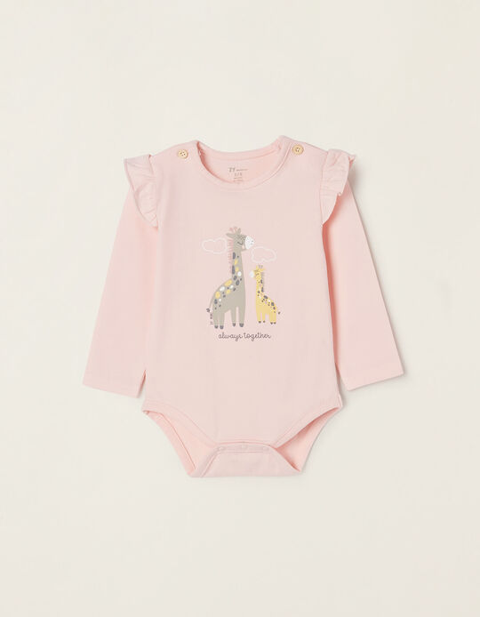 Cotton Bodysuit for Newborn Baby Girls 'Giraffe', Pink