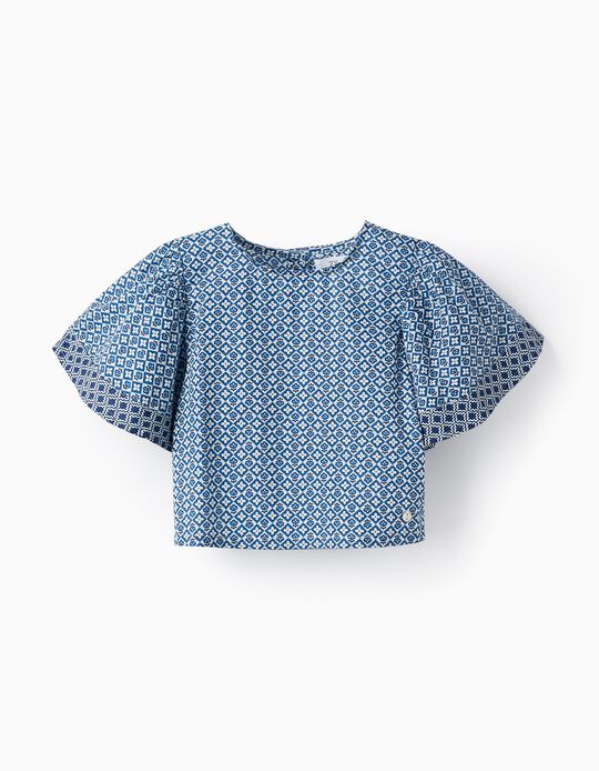 Cropped Cotton T-Shirt with Pattern for Girls, Blue/White