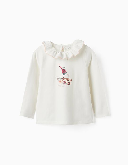 T-Shirt in Cotton Jersey with Ruffle for Girls, White