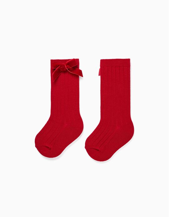 High Socks with Velvet Bow for Baby Girls, Red