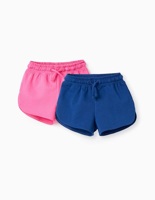 2 Cotton Shorts for Baby Girls, Pink/Dark Blue