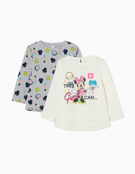 2 Camisetas de Manga Larga y Algodón para Bebé Niña 'Minnie', Blanca/Gris
