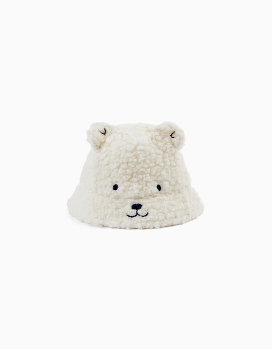 Sherpa Hat with Ears and Embroidery for Babies, White