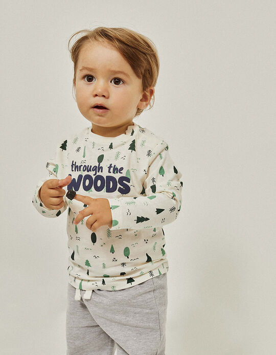 Long Sleeve Cotton T-shirt for Baby Boys 'Forest', Beige