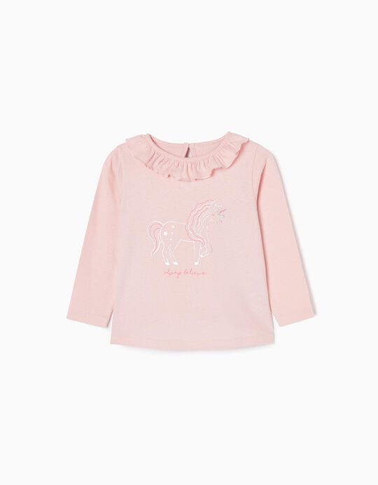 T-shirt à Manches Longues en Coton Bébé Fille 'Licorne', Rose