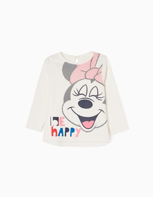 T-shirt à Manches Longues en Coton Bébé Fille 'Happy Minnie', Blanc