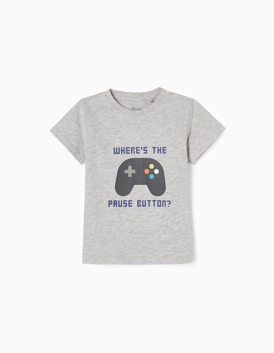 Camiseta de Algodón para Bebé Niño 'Pause Button', Gris