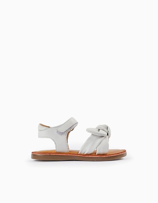 Leather Sandals with Bow for Baby Girls, White