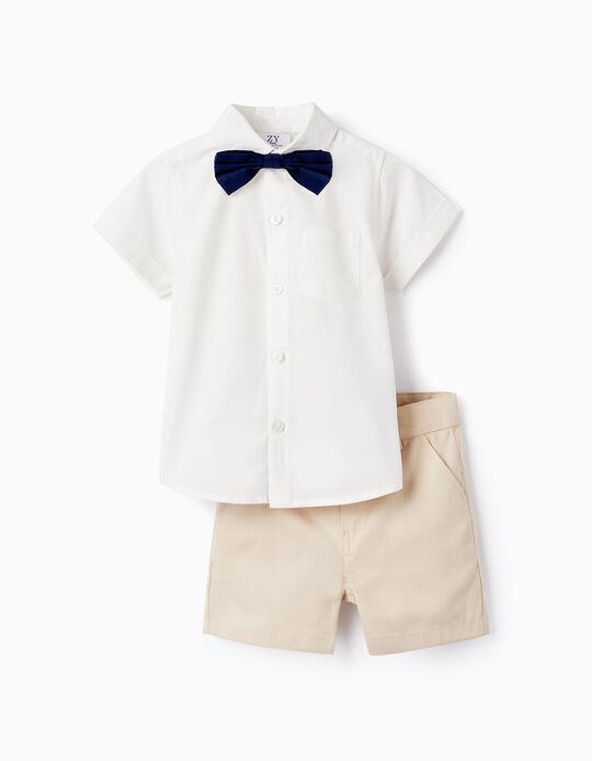 Shirt + Bow Tie + Shorts for Baby Boys, White/Beige