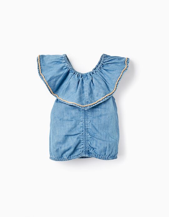 Cotton Denim Blouse with Beads for Girls, Light Blue