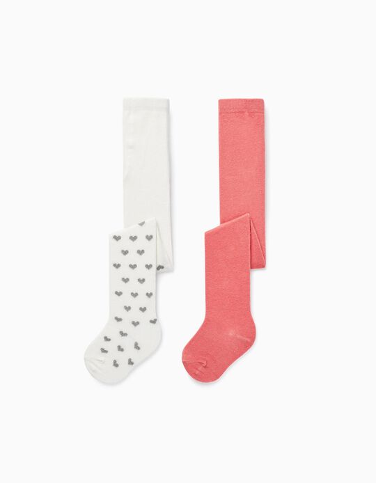 Pack of 2 Knit 'Hearts' Tights for Girls, White/Dark Pink